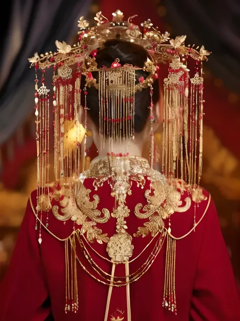 a close up of a woman wearing a red dress and a gold headpiece, elaborate ornate head piece, Chinese traditional, chinese empress, intricate gold headdress, Hanfu, ornate headdress, the empress’ hanging, ornate headdress, Traditional Chinese clothing, red ...