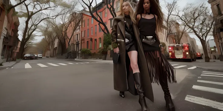 Two women walking down the street，In a city of high-rise buildings, 《Vogue》Magazine editorial, fashion editorial, 《Vogue》Official editorial, Image from《Vogue》Magazines, leather clothing and boots, official vuitton editorial, steven meisel, vogue italy, A s...