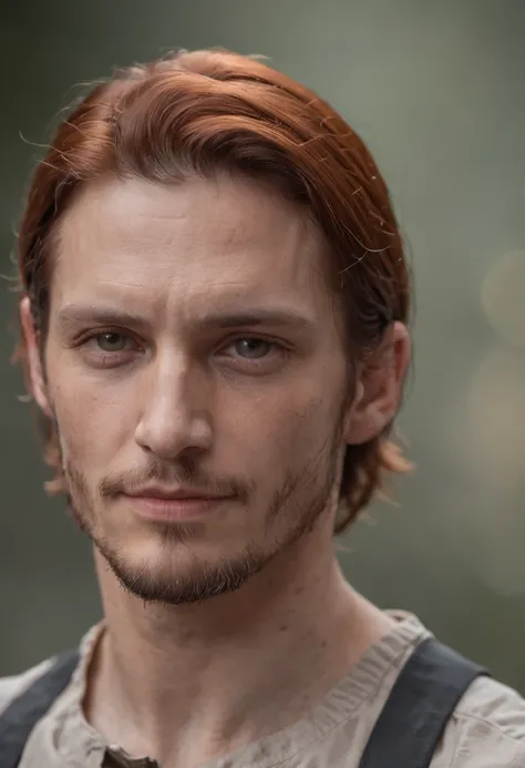 James Hebert and Ben Robson mix headshot as a weathered 30-year-old man, Gentle face, Hideous, lanyard, broad shoulder, well built, rugged, short copper rust-colored hair, Hair tied in a loose ponytail, Widows peak,Whole body muscles ，Confident expression,...