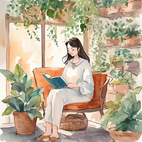 there is a woman round head sitting in a chair reading a book, lofi girl, lo-fi illustration style, cats and plants, lofi girl aesthetic, reading a book, dreamy illustration, cute illustration, relaxing mood, studying, lofi art, relaxing concept art, blurr...