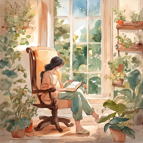 there is a woman round head sitting in a chair reading a book, lofi girl, lo-fi illustration style, cats and plants, lofi girl aesthetic, reading a book, dreamy illustration, cute illustration, relaxing mood, studying, lofi art, relaxing concept art, blurr...