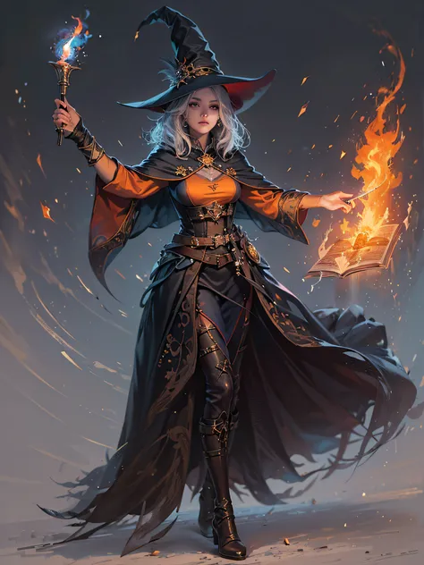 Dressed in witch costume holding a shining wand, sorceress conjuring a spell, dark fantasy sorceress, sorceress portrait, beautiful sorceress, sorceress, fire sorceress, fire mage character, magic book