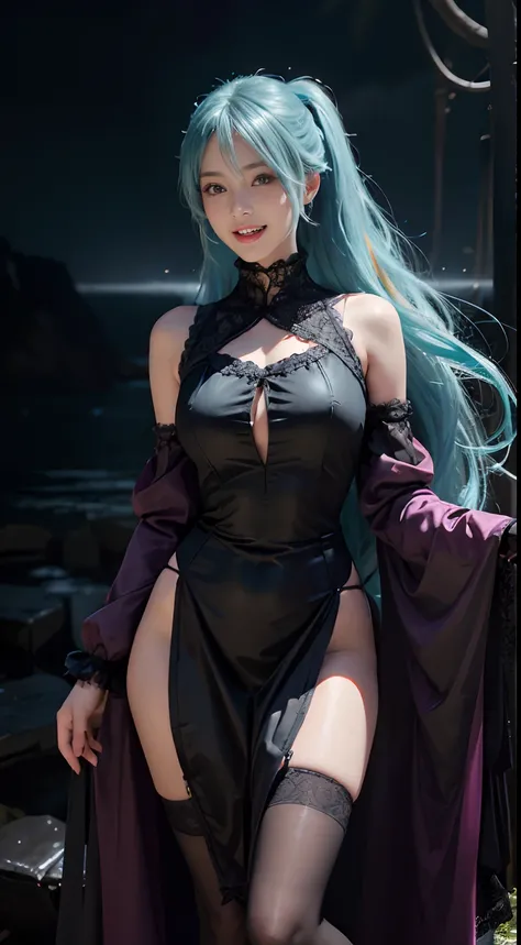 (Hatsune Miku character), Tosca hair color, Long two-tailed hair with ponies, Looking at the view, Eye of the landscape, Smile (Big smile), (Open mouth), Full body photo, 21 year old girl, Perfect body, Perfect anatomy, Tosca eye color, Double eyelids, Hug...