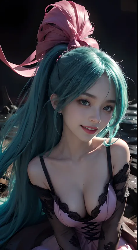 (Hatsune Miku character), Tosca hair color, Long two-tailed hair with ponies, Looking at the view, Eye of the landscape, Smile (Big smile), (Open mouth), Full body photo, 21 year old girl, Perfect body, Perfect anatomy, Tosca eye color, Double eyelids, Hug...