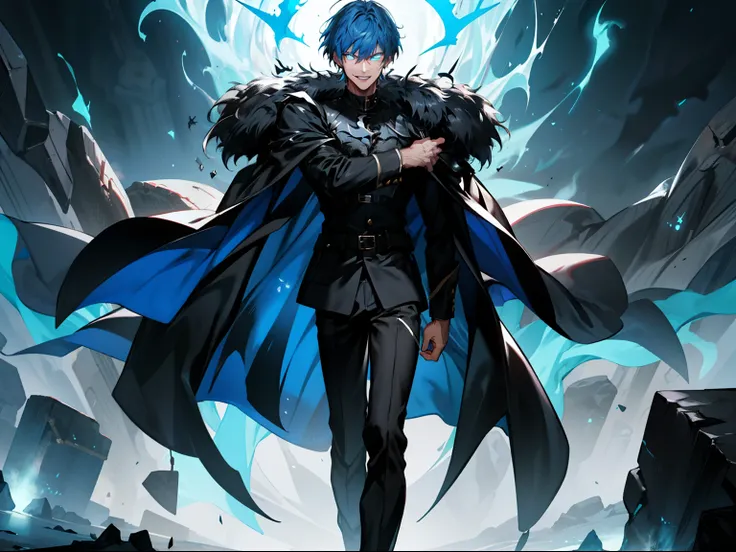 "Epic dark atmosphere, stunning 4k artwork featuring a dark knight, fullbody artwork, dark short hair, glowing blue eyes wearing general coat with 5 stars on his clothes, he is from fallen kingdom, he have dark aura and psychopath little smile."