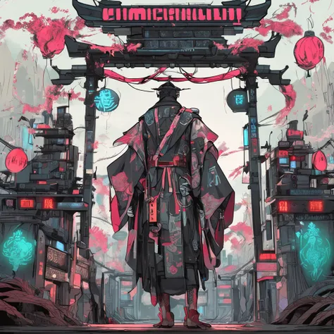 cyber punk perssonage，Taoist robes，cultivating immortals，water ink，High hills，self-assured，Fairy wind road bone，Blood flow in the background