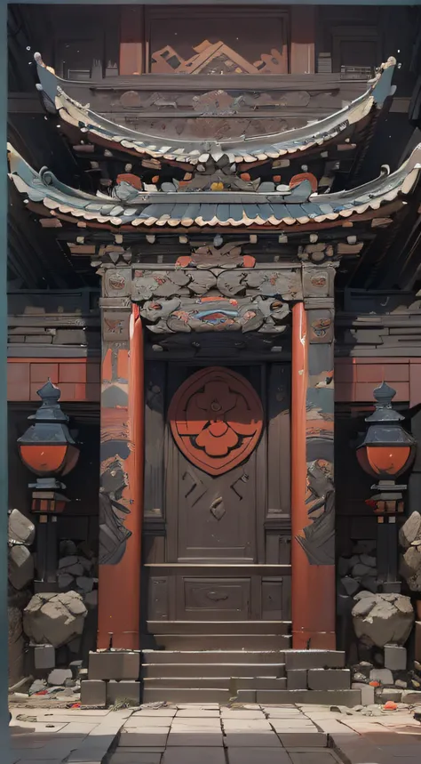 There is a dark wooden structure in the basement，There was a lot of rubble and a big box,Symmetrical structure，There are cracks in the walls，There are animal totem reliefs in Chinese style on the walls，China-style， concept-art ，watercolor art style，Ink pai...