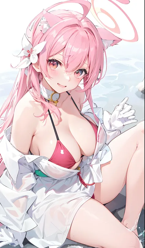 Anime girl in bikini，Has cat ears and tail, seductive anime girls, sakura haruno, Highest rated on Pisif, shirabii, Guviz, at pixiv, Sakura Kinomoto, Pisif, with index finger, Marin Kitagawa fanart, megumu okada, oppai, New Xiangcheng, (Anime girl)