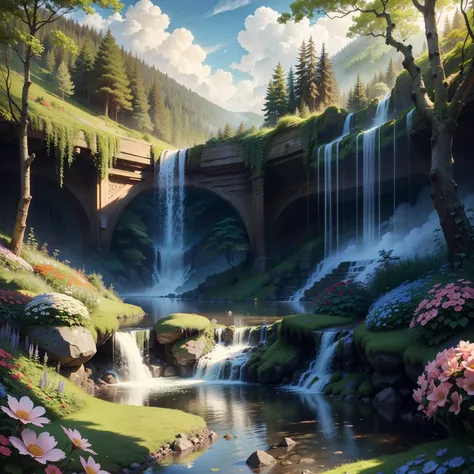 A lush forest with winding paths and sparkling waterfalls, beautiful scenery, ambience, flowers, clouds and sky, printable --auto