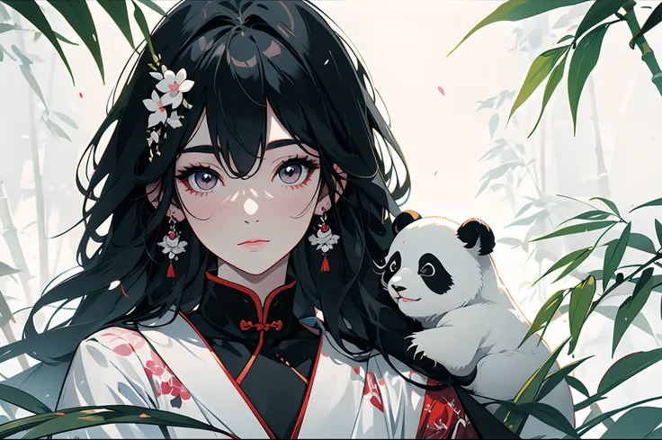 white backgrounid，Under bamboo leaves, (The panda sits on a branch)，pandas，（1Blittle girl：1.5，The upper part of the body，looking at viewert），Pink and white clothes，facial closeups，big beatiful eyes，detailed face with，Flashy clothes，Ethereal panda，(Chinese ...