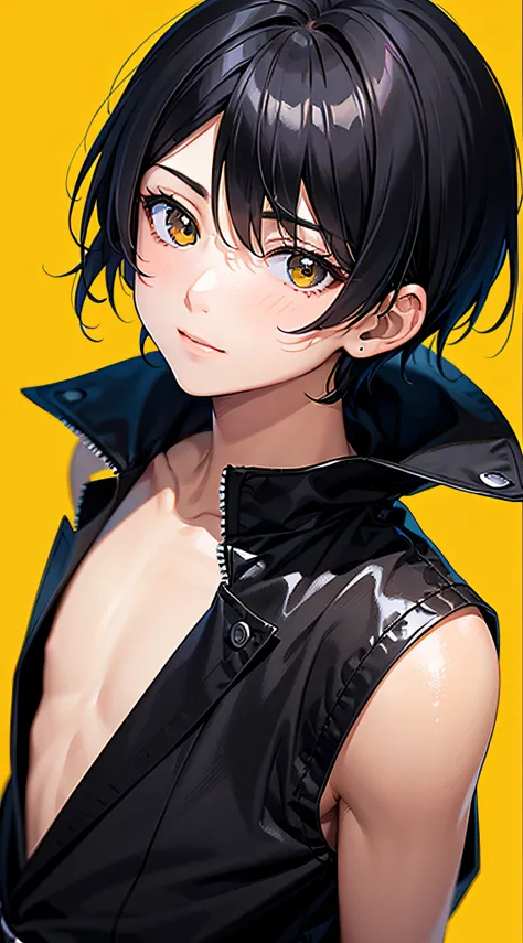 Boy with yellow background and short black hair , In the style of a minimalist painter, Lovely colorful, smooth and shiny, Meticulous --Niji 5 --AR 3:4