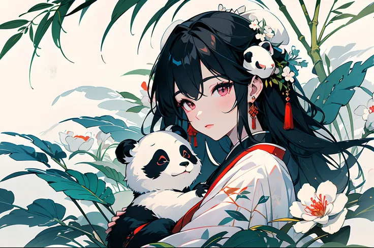 (Masterpiece:1.2)，Best quality，white backgrounid，Under bamboo leaves, (The panda sits on a branch)，（1Blittle girl：1.5，The upper part of the body，looking at viewert），Pink and white clothes，facial closeups，big beatiful eyes，detailed face with，Flashy clothes，...