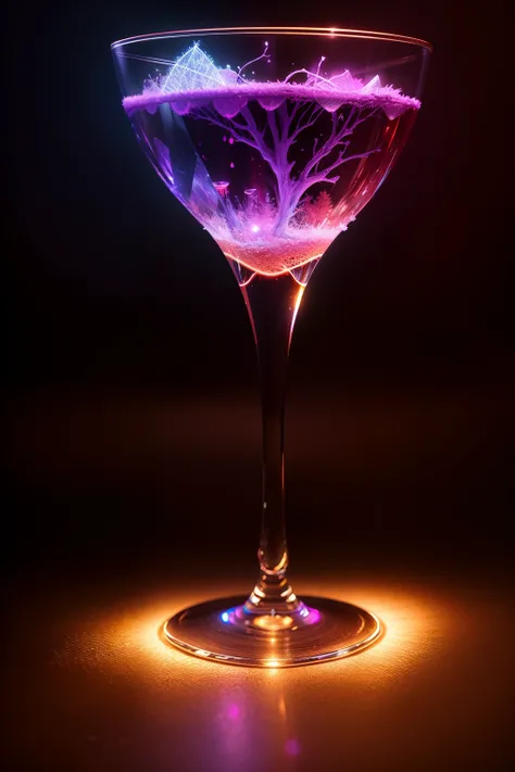 Fantasy forest in a glass of wine, neon light, Realistic, brilhar