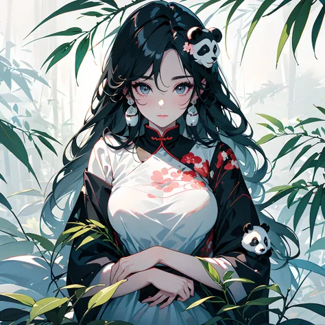 white backgrounid，Under bamboo leaves, (The panda sits on a branch)，pandas，（1Blittle girl：1.5，The upper part of the body，looking at viewert），Pink and white clothes，facial closeups，big beatiful eyes，detailed face with，Flashy clothes，Ethereal panda，(Chinese ...