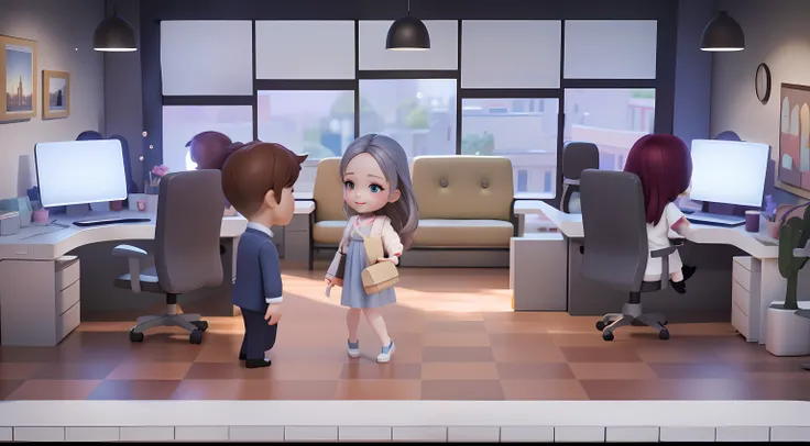 delicated face，The expression is beautiful and cute，.。.。.3D Pixar animation style，tmasterpiece， best qualityer, ultra - detailed, Lori blonde girl, Long dress with a big smile, full bodyesbian,  moderno, Modern accessories, ，Office scene，Overtime work，insi...