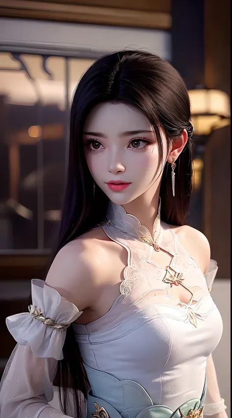 1 beautiful girl wearing ancient costumes, ((pink and light white outfit: 0.8)), Long and silky black hair, hair jewelry and necklaces, Beautiful little face Thin eyebrows, the most beautiful and spotless face, the very beautiful eyes, big round black eyes...