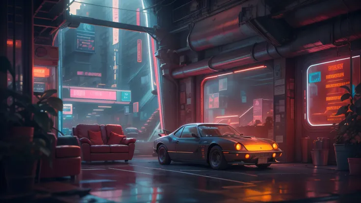 ((masterpiece)), (ultra-detailed), (intricate details), (high resolution CGI artwork 8k), Create an image of a retro futuristic cyberpunk garage. There is a man on his knees crying with his hands on his face. He has leather clothes where the neon light is ...