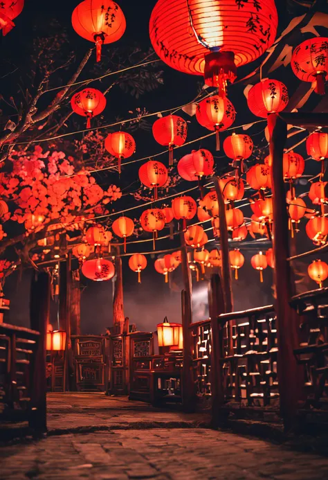 Asian-inspired lanterns gently illuminate the enchanting "Black Mid-Autumn Festival" scene.