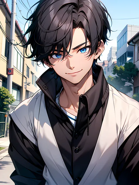 1boy, smiling with face focus, accurate beautiful bright blue eyes, spikey black hair, korean school uniform, his in the neighborhood, the body is well proportioned, high resolution, ultrasharp, 8k, masterpiece, looking at viewer