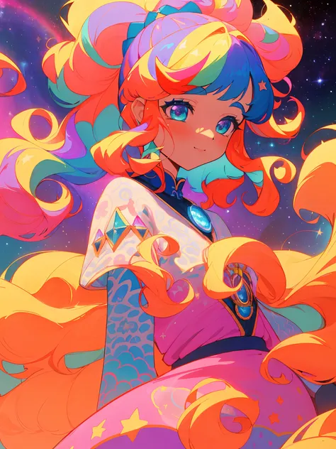 Vivid illustration of a woman with stars and curls, Retro psychedelic illustration, Psychedelic loose hair, Anime girl with cosmic hair, Multi-colored vector graphics, colorfull illustration, in style of digital illustration, colorfull illustration, Psyche...