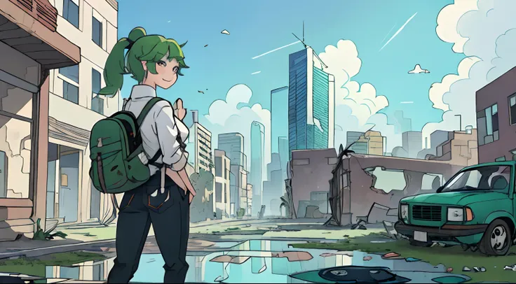 Ruins、Crumbling skyscrapers background、puddles、girl with、Green hair、Big Ponytail、white  shirt、Skinny Good、backpack、A smile、blue-sky、Broken car、A lonely town