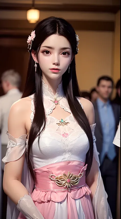 1 beautiful girl wearing ancient costumes, ((pink and light white outfit: 0.8)), Long and silky black hair, hair jewelry and necklaces, Beautiful little face Thin eyebrows, the most beautiful and spotless face, the very beautiful eyes, big round black eyes...