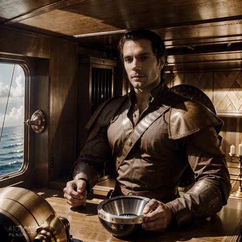 Photograph of a HENRYCAVILL PERSON as a Spanish Conquistador on a galley to the new world, warm atmosphere, Captured by Panavision Panaflex Platinum Camera with Panavision Primo Primes Spherical Lens 50mm T1.9