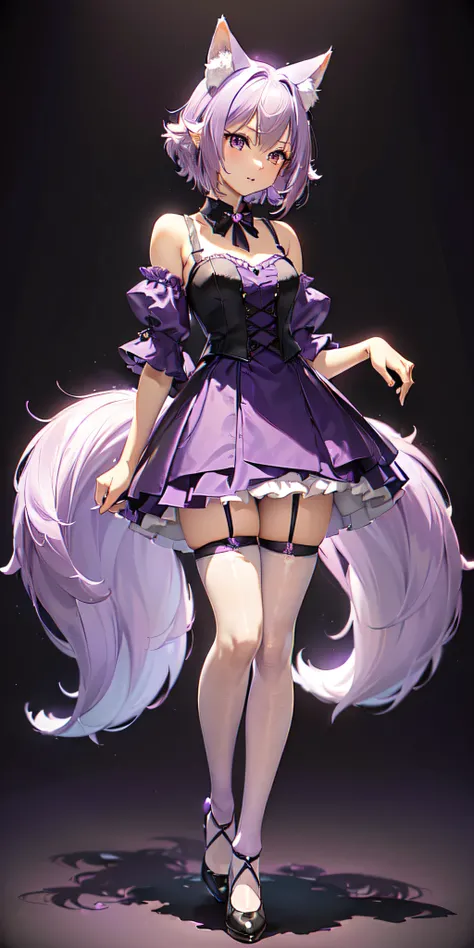 ((full body view, short fluffy lilac hair, has purple fox ears, purple eyes, extremely short blouse and mini skirt color the same as her black silk stockings))