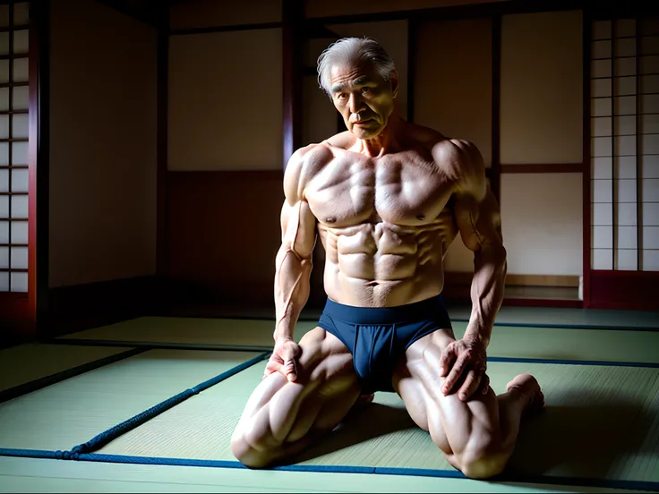 male people，soio，old age，Strong build，（Kneel on the ground and spread your legs），（No clothes on），（wearing underpants），In old Japanese houses，On tatami，large bulge，The body is tied by a rope，