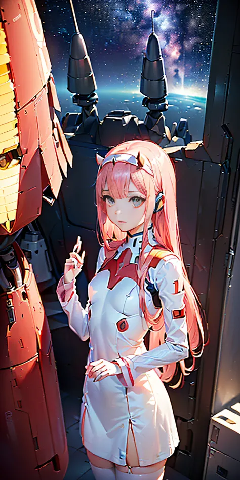 (((Top view), ultra detailed, close-up, flat, 1 girl in, ((anime character Darling in the Franxx: zero two, zero two, hot red horns, Headphone jack, ultra short dress and sleeve long red hair with futuristic style, 2 medium long pink fringes around the ear...