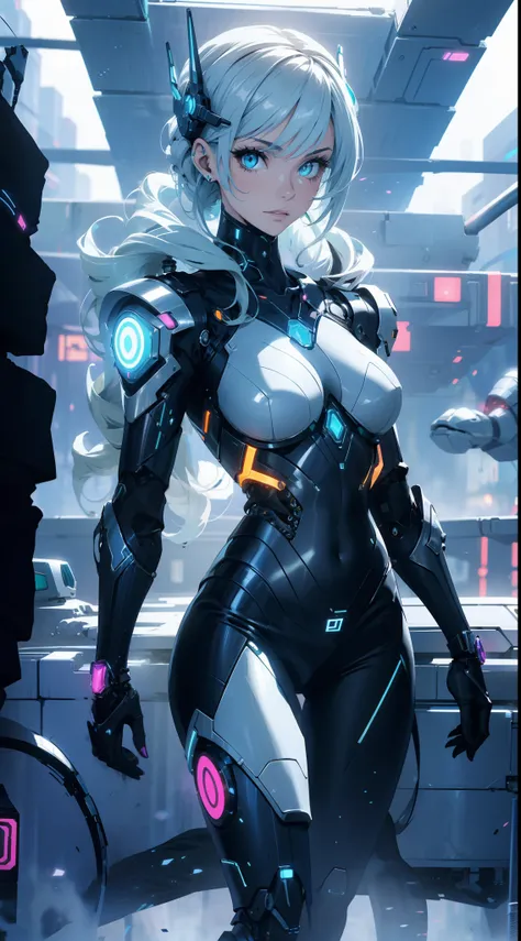 Arafed Mujer con un traje futurista posando para una foto, en armadura futurista blanca, girl in mecha cyber armor, Renderizado del motor irreal + una diosa, Armadura cyborg de porcelana, Armadura blanca brillante, cuerpo cyborg ginoide, Hermosa y atractiv...