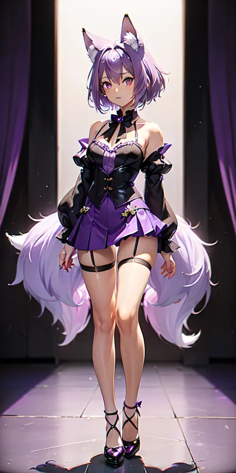 ((full body view, short fluffy lilac hair, has purple fox ears, purple eyes, extremely short blouse and mini skirt color the same as her black silk stockings))