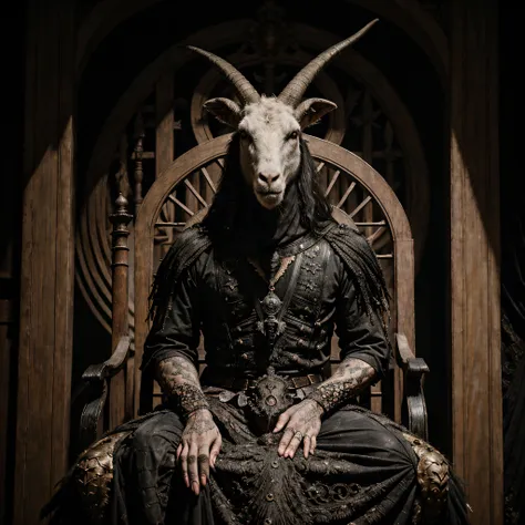 (black metal album cover) a painting of a goat head sitting on a throne, intricate details, hdr, intricate details, hyperdetaile...