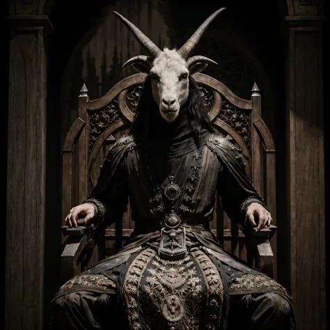 (black metal album cover) a painting of a goat head sitting on a throne, intricate details, hdr, intricate details, hyperdetaile...