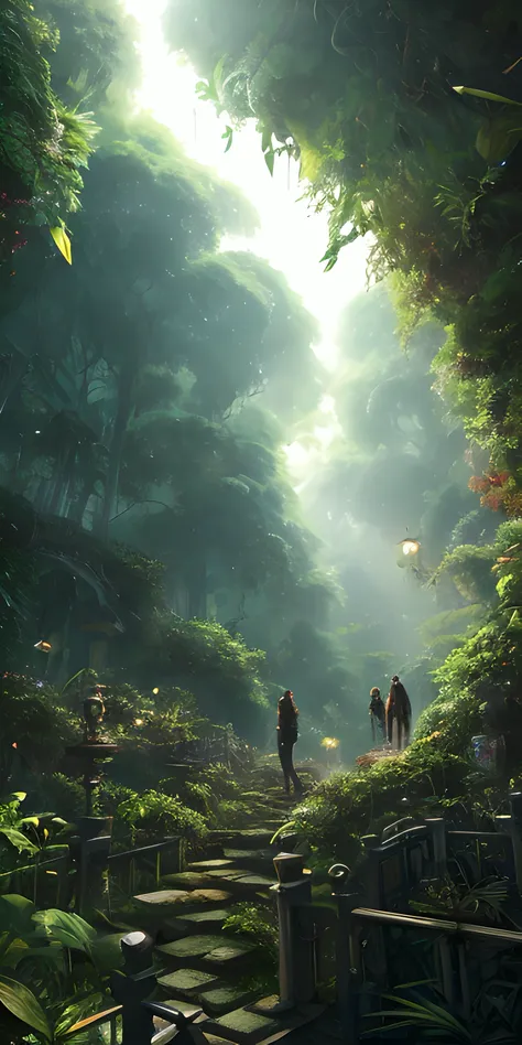 Digital illustration, Detailed and intricate, The dense jungle is full of exotic plants and animals, Sunlight shines through the canopy，Produces a mottled effect. In the style of Yoshitaka Amano and Hayao Miyazaki, Masterpiece, Proportional, Detailed, tren...