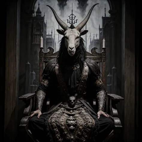 (black metal album cover) a painting of a goat head sitting on a throne, intricate details, hdr, intricate details, hyperdetaile...