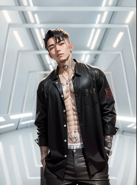 Um coreano de 22 anos, 1,80 downloads, has black hair and a com um sorriso no rosto, is wearing transparent black clothes showing the skin, e uma cueca preta, wearing an open shirt showing the abdomen, And hes in a tech room, Quarto branco futurista, roupa...