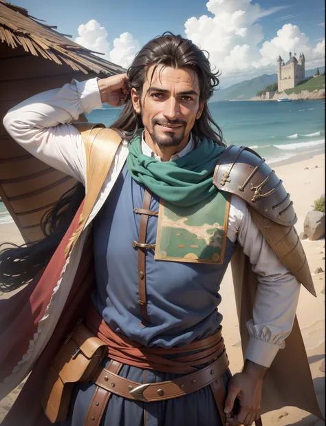 Duarte Barbosa, Navigator, hero, great historian, All-rounder, Portugese, happy and laughing, Slacker look and face, very playful yet talented face, man, very handsome, age of 40, old, wrinkle, weathered, tall and thin, navigator clothes and lightly armore...