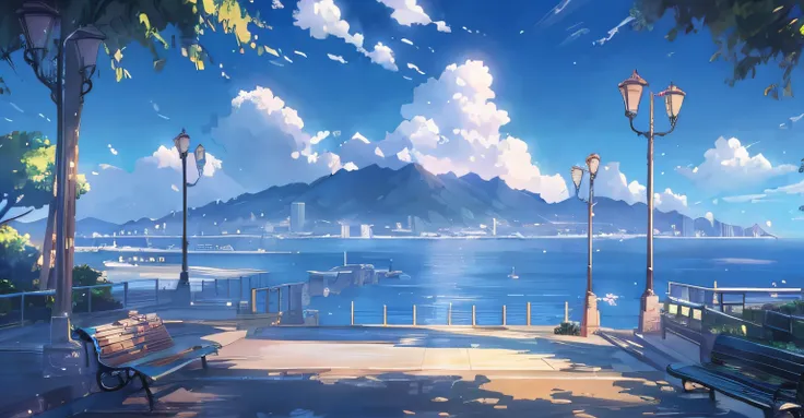 Anime scenery with benches overlooking the waters and mountains, Anime landscapes, beautiful anime scenery, beautiful anime scenes, Makoto Shinkais style, anime backgrounds, Anime landscape, anime beautiful peace scene, Makoto Shinkai. —h 2160, in the styl...