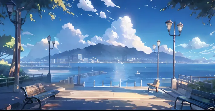 Anime scenery with benches overlooking the waters and mountains, Anime landscapes, beautiful anime scenery, beautiful anime scenes, Makoto Shinkais style, anime backgrounds, Anime landscape, anime beautiful peace scene, Makoto Shinkai. —h 2160, in the styl...