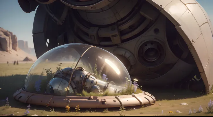 close-up all over the body，People in old spacesuits lie in the grass to rest，The shell is shiny and transparent，Wildflowers and wildflowers，Realistic and rich in detail，Cinematic texture