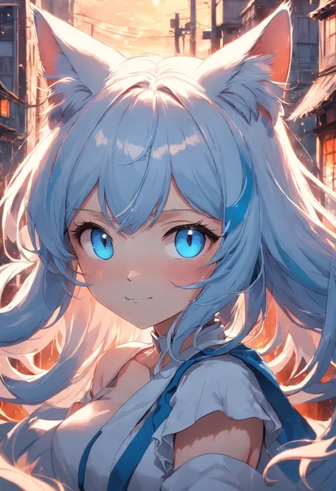 Cat-eared lady hair color：White pupil color：Blue smile is illuminated by the sun