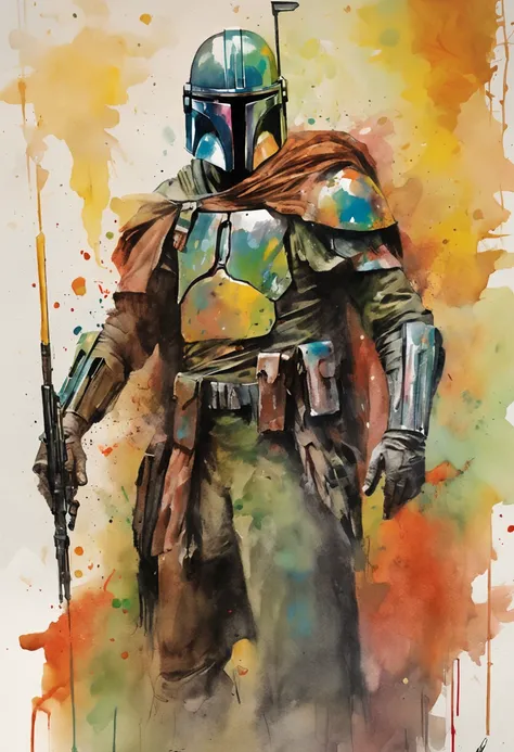 The Mandalorian Ink drawing, digital illustration, Comic strip style, Watercolor, artstation style, Conceptual art, 2D illustration, by Peter Draws, by Carne Griffiths, by Wadim Kashin, Full body, centered,Detailed, smooth, dynamic pose, --v 5.1 --ar 3:4