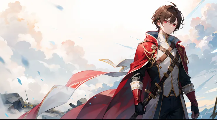 "Atmospheric battlefield land, a badass boy with brown hair and bright red eyes, wearing a white fantasy hero cloak, holding a sword in left arm. 4k."