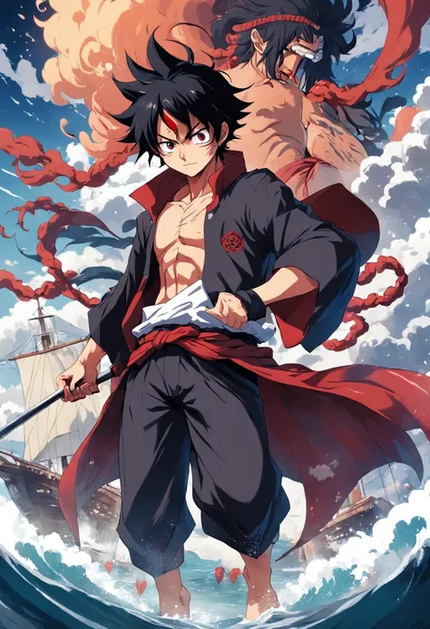 um homem velho,cabelo medio preto, olhos vermelhos que mostre suas cicatrizes, casaco branco, nunchakus in your hands, o fundo de um navio pirata, estino marfioso, 2D ,anime art, one piece, anime 4k