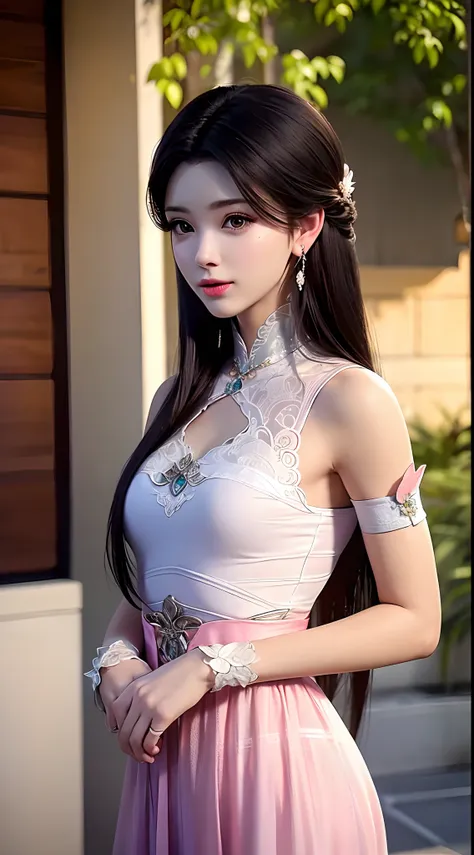 1 beautiful girl wearing ancient costumes, ((pink and light white outfit: 0.8)), long and silky black hair, hair jewelry and nec...