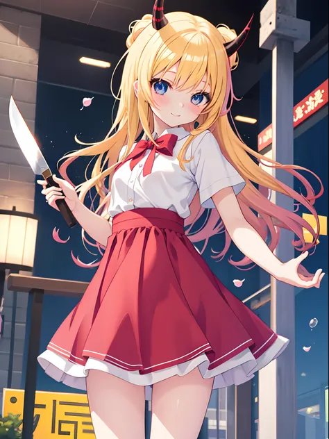 Anime girl with skirt with horn and knife, blonde anime girl with long hair, beautiful anime high school girl, anime style 4 k, Cute anime girl, (Anime Girl), Cute anime waifu in a nice dress, pretty anime girl, Anime visuals of cute girls, splash art anim...