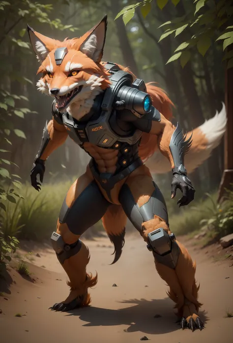 Sci fi humanoid creature with the feathers of a fox and mutant traits similar to rocket teeth grinning roar real photography, natural light, photorealism, cinematic rendering, ray tracing, the highest quality, the highest detail, Cinematic, Third-Person Vi...