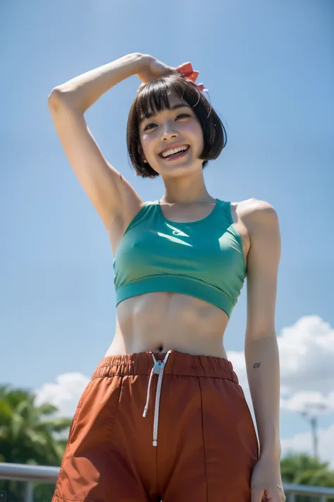 masuter piece、Ultra-high-definition image quality、Summer sky、very hot、Full body like、Three very beautiful college girl athletes、Very tall、healthful、No makeup、a pixie cut、poneyTail、a short bob、broad shoulders、Very strong muscles、sun burn、Sunburn scars、Very ...