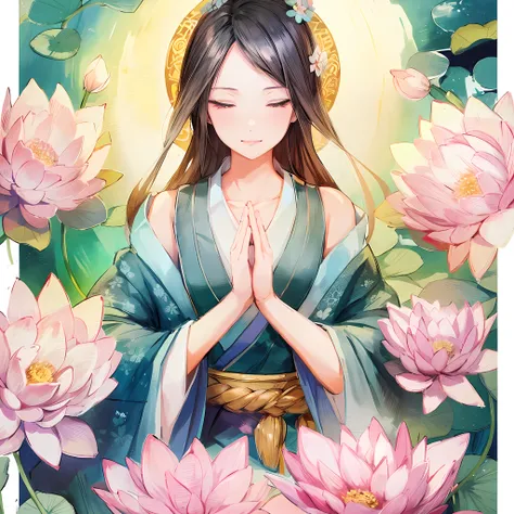 Painting of a woman in a kimono dress surrounded by lotuses, Archaic Smile, Close both eyes, Lotus Floral Crown Girl, flower goddess, goddess of Japan, beautiful anime artwork, japanese art style, standing gracefully upon a lotus, serene illustration, beau...